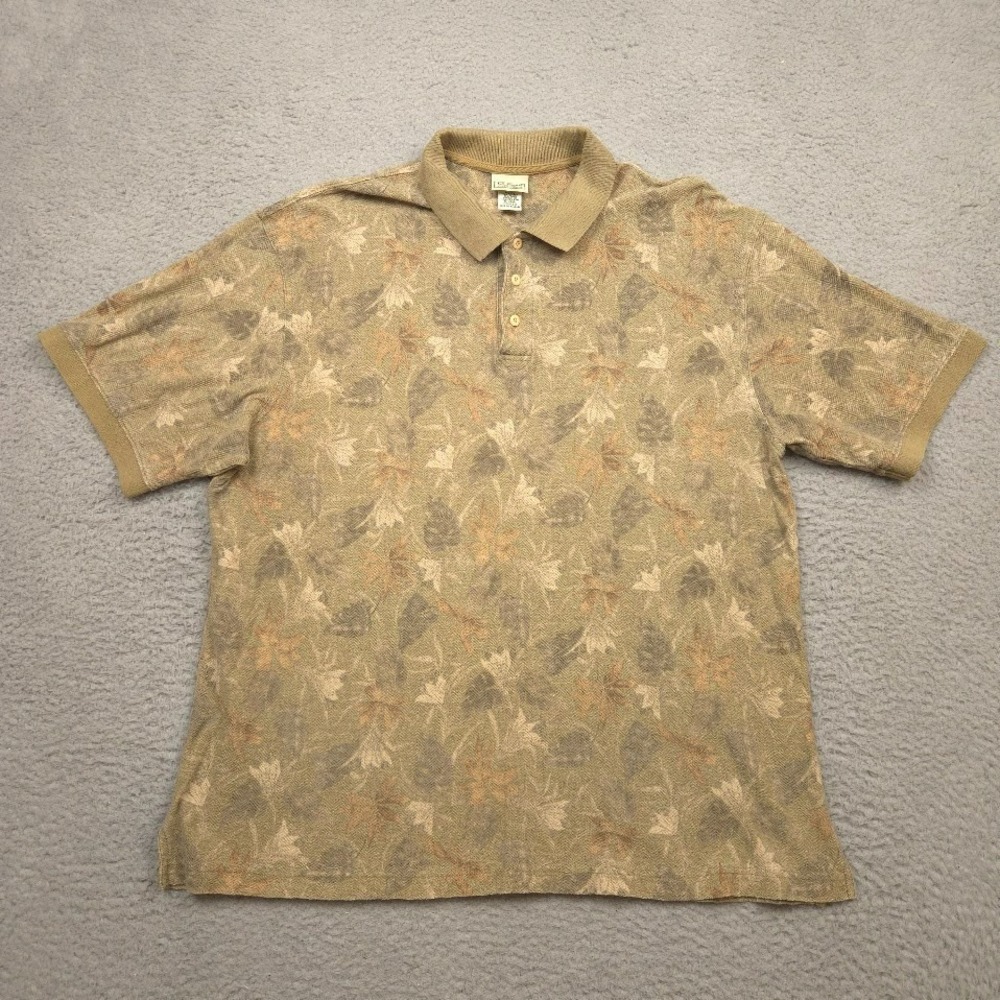 LL Bean Polo Shirt Mens Large Tan Linen Cotton All Over Print Golf‎ Leaf Floral
